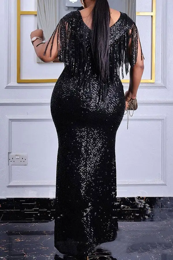 Sequined Glittery Tassel High Split Maxi Dress