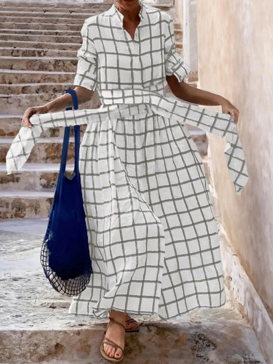 Ladies Casual Tie Plaid Maxi Dress