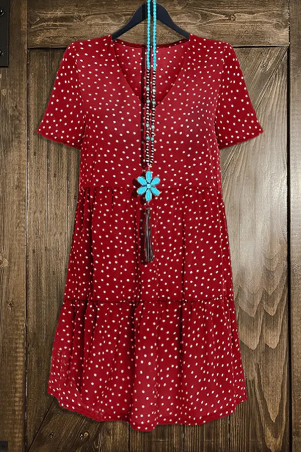 Casual Polka Dot Print V-Neck Ruffled Dress
