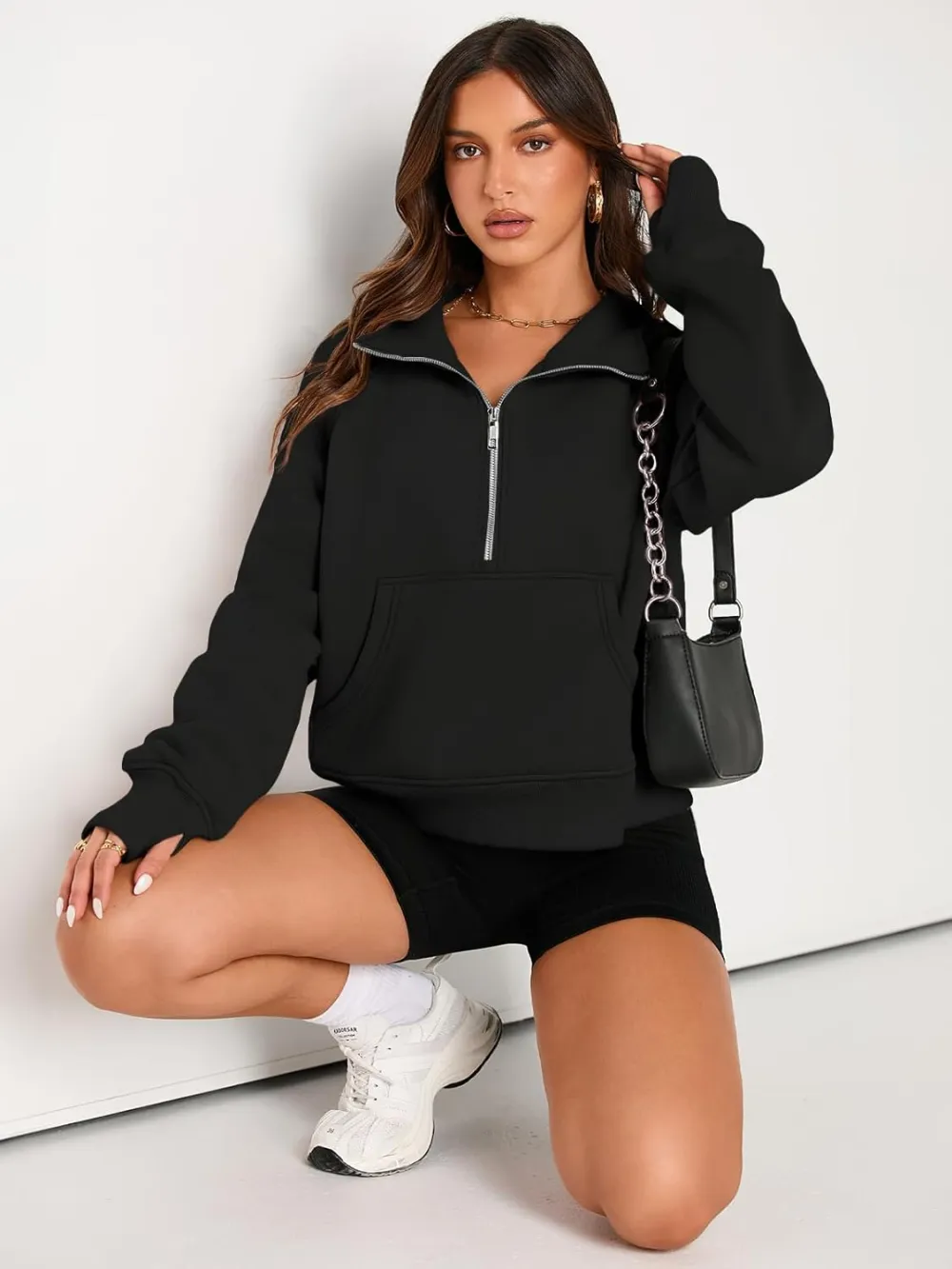 Womens Sweatshirts Half Zip Cropped Pullover Fleece Quarter Zipper Hoodies Fall outfits Clothes Thumb Hole