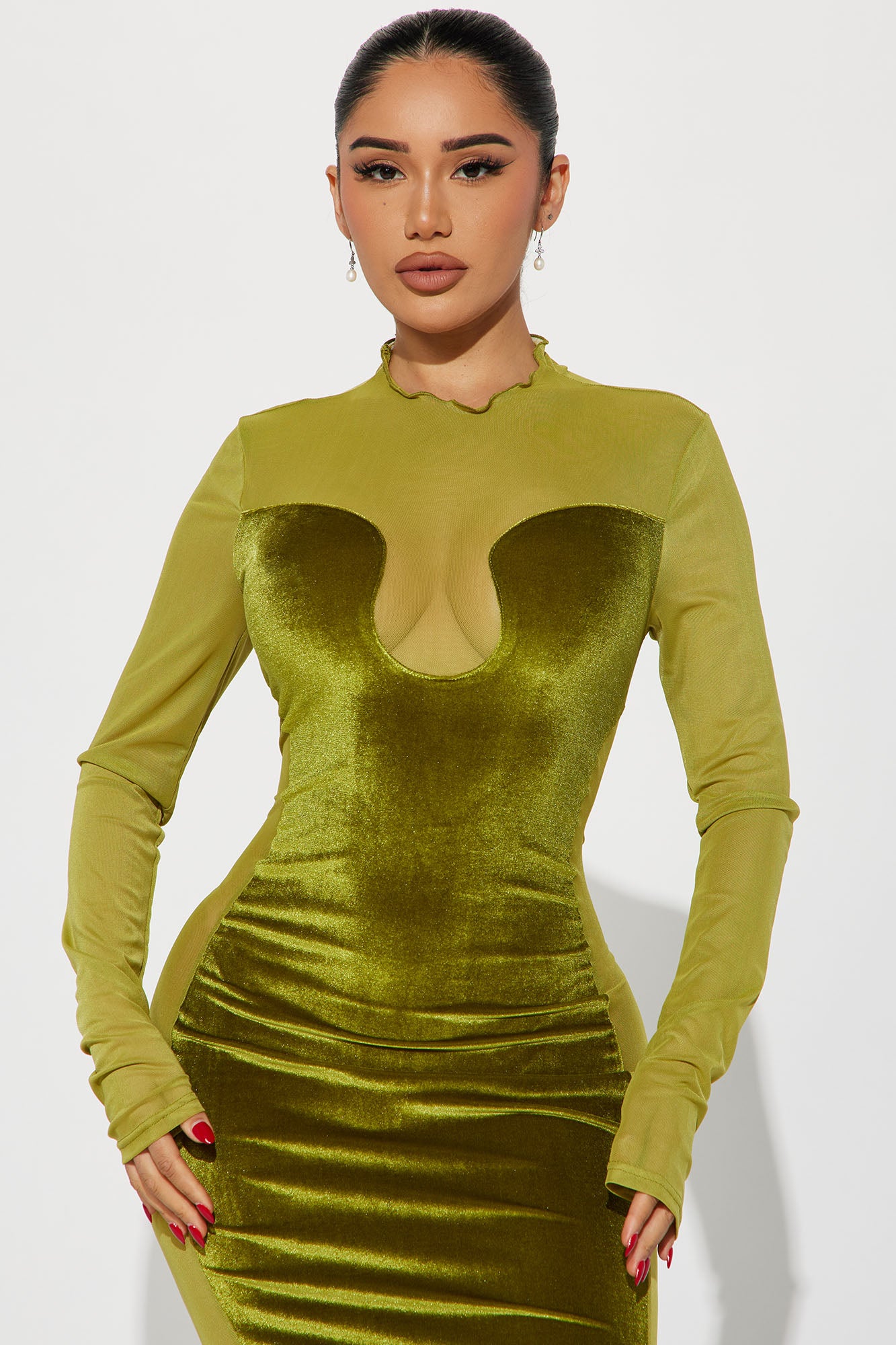 Velvet Long Sleeve Maxi Dress - Chartreuse