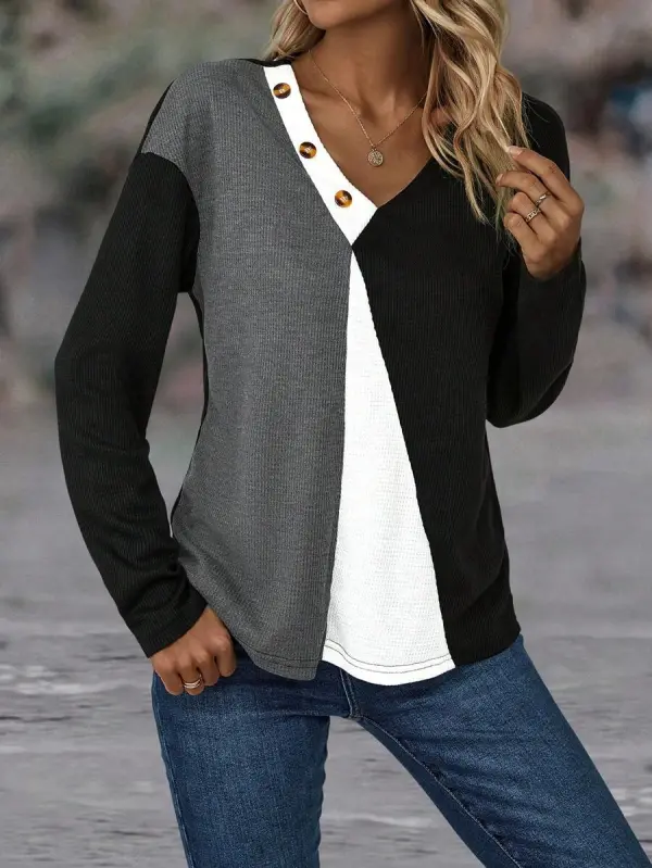 Color Block Button Detail Drop Shoulder Tee Graphic Tees Women Tops