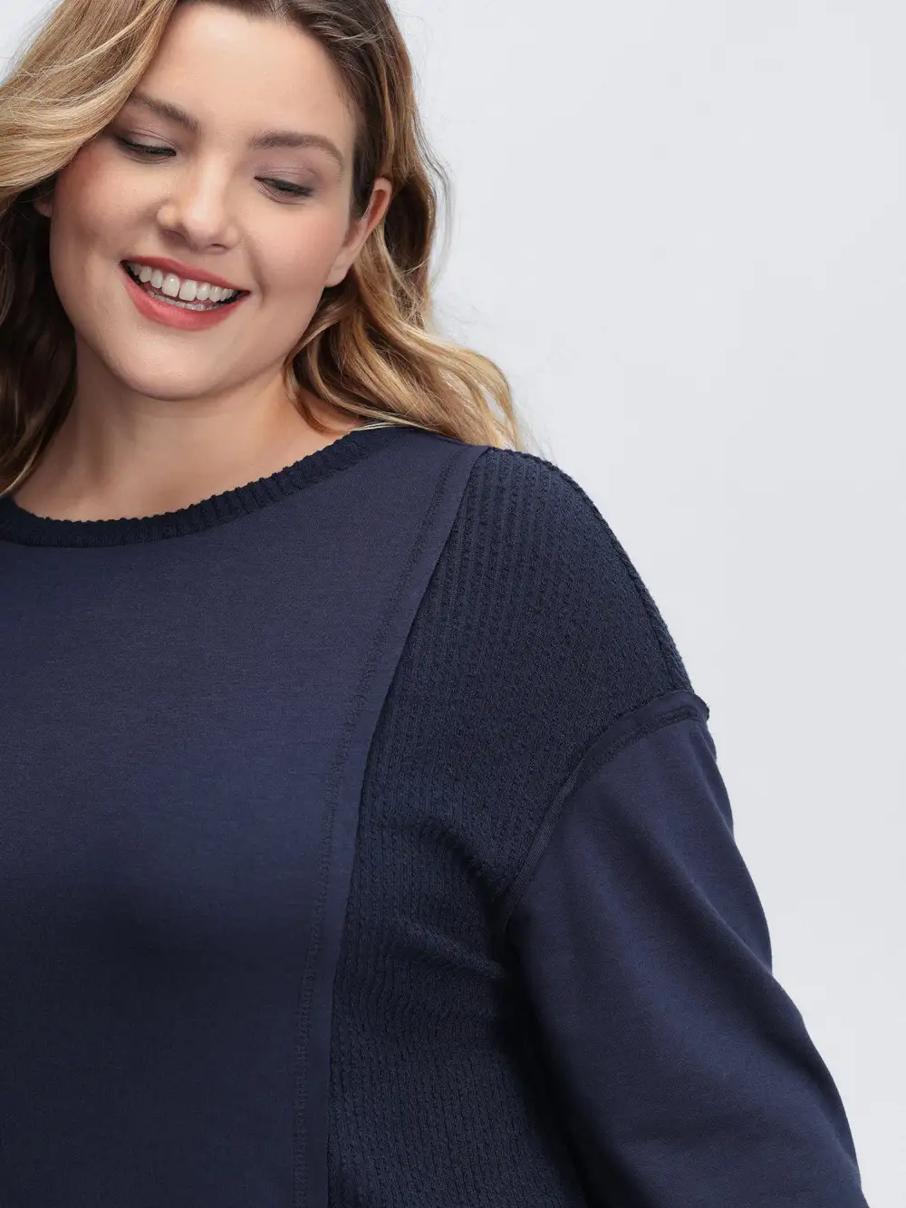 Crew Neck Textured Patchwork Sweatshirt