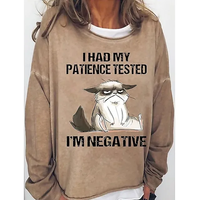 Women's Sweatshirt Pullover Active Sports Streetwear Black Pink Red Cat I HAD MY PATIENCE TESTED Oversized Sports Round Neck Long Sleeve Micro-elastic Fall & Winter