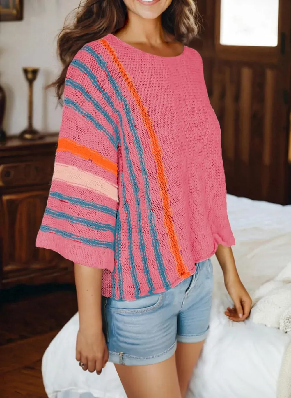 ✨Hot Sale-Women's Casual Color Block Striped Cable Knit Boho Sweater