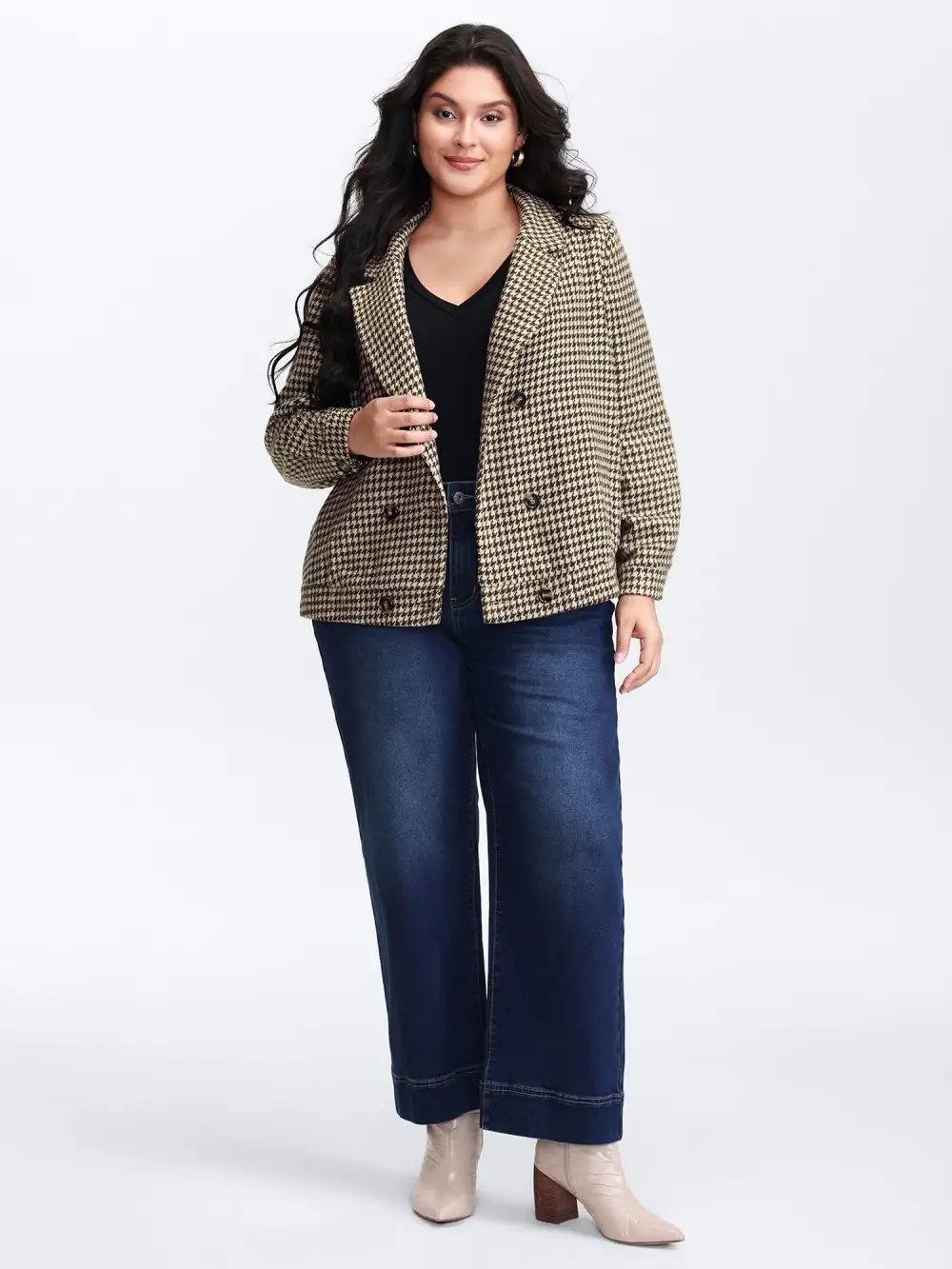 Houndstooth Fleece Pockets Button Jacket