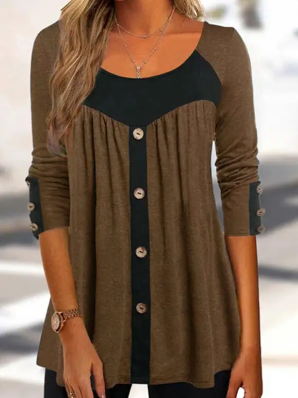 Women's T-Shirts Contrast Button Long Sleeve T-Shirt（⚡Clearance Sale）