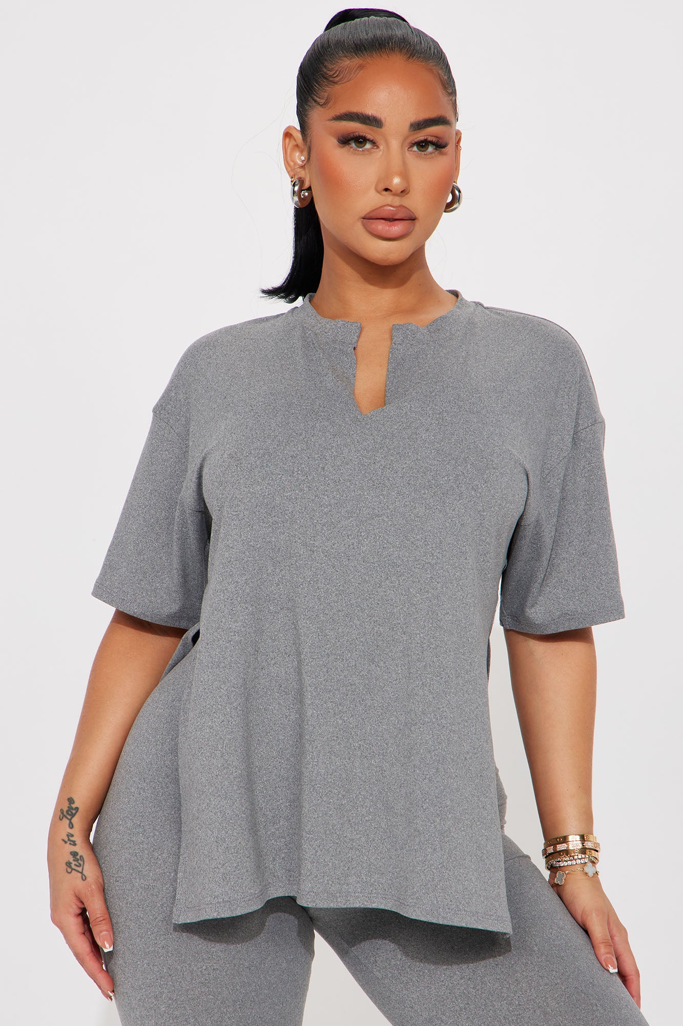 Lets Chill Together Short Sleeve Legging Set - Heather Grey