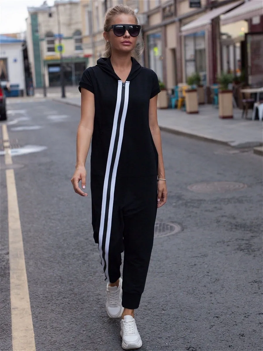 Fashion Stripes Zipper Hooded Jumpsuits