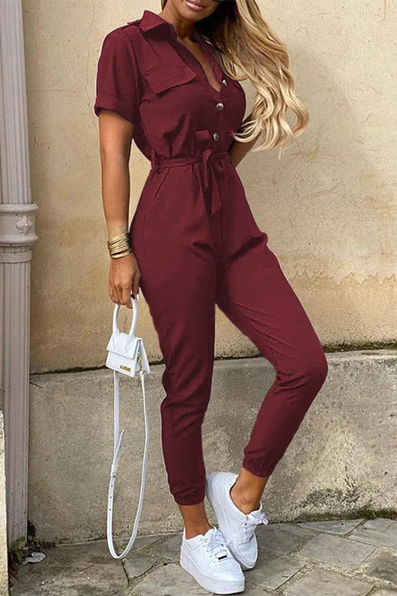 Casual Daily Solid Frenulum With Belt Turndown Collar Regular Jumpsuits(10 Colors)