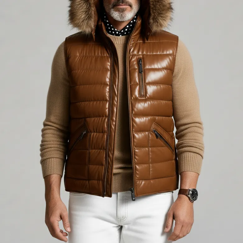 Men's Brown Zipper Pockets Sleeveless Furry Trim Hooded Quilted PU Leather Vest