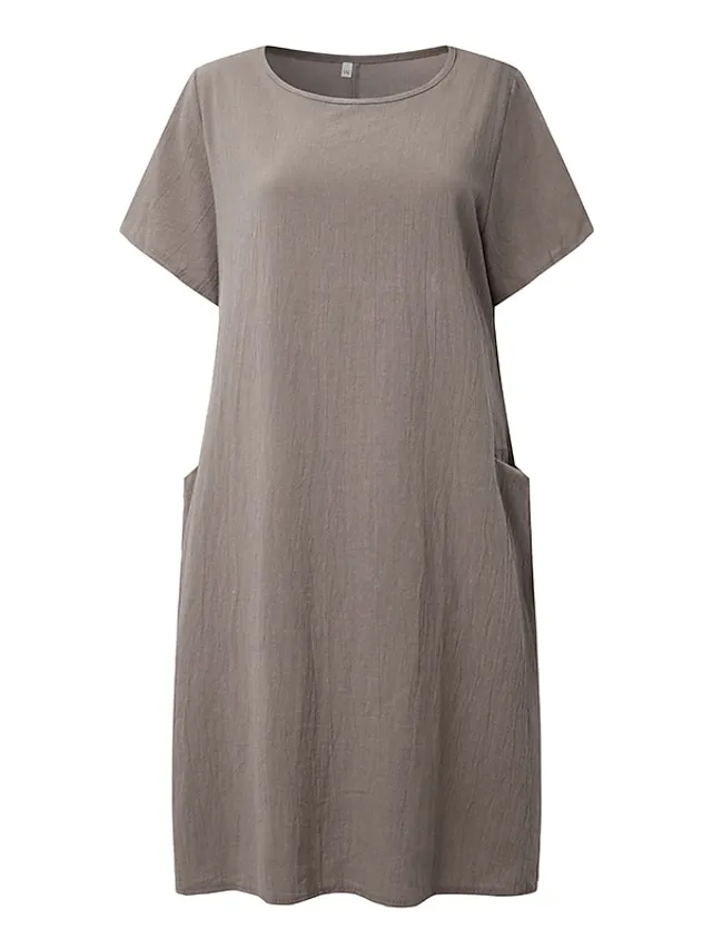 Women‘s Shift Dress Knee Length Dress Short Sleeve Pure Color Pocket Spring Summer Crew Neck Basic Casual Classic Loose 2023 S M L XL 2XL 3XL 4XL 5XL / Cotton