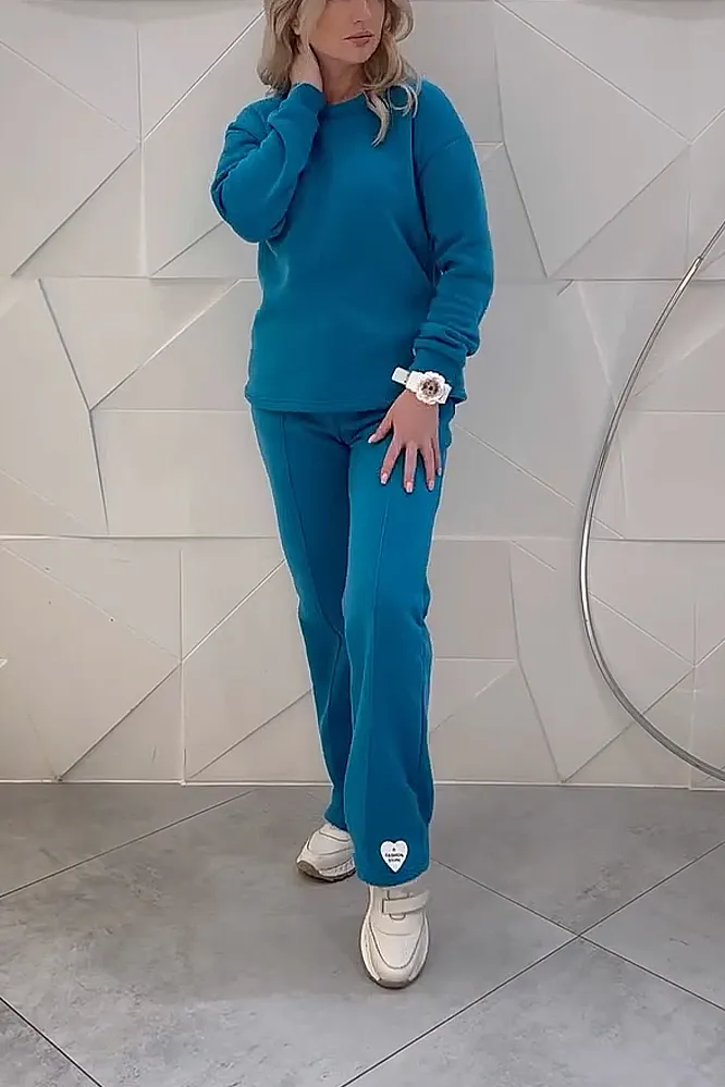 Women's solid color round neck top and pants two-piece set