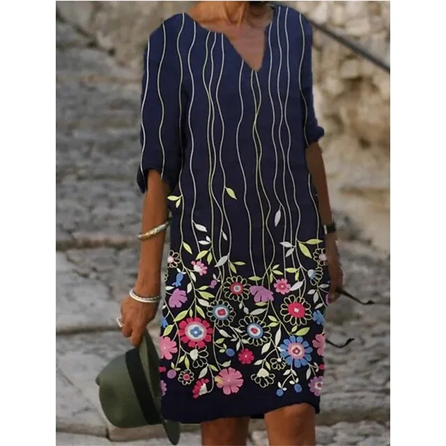 Women‘s Casual Dress Midi Dress Leopard Black White Half Sleeve Floral Print