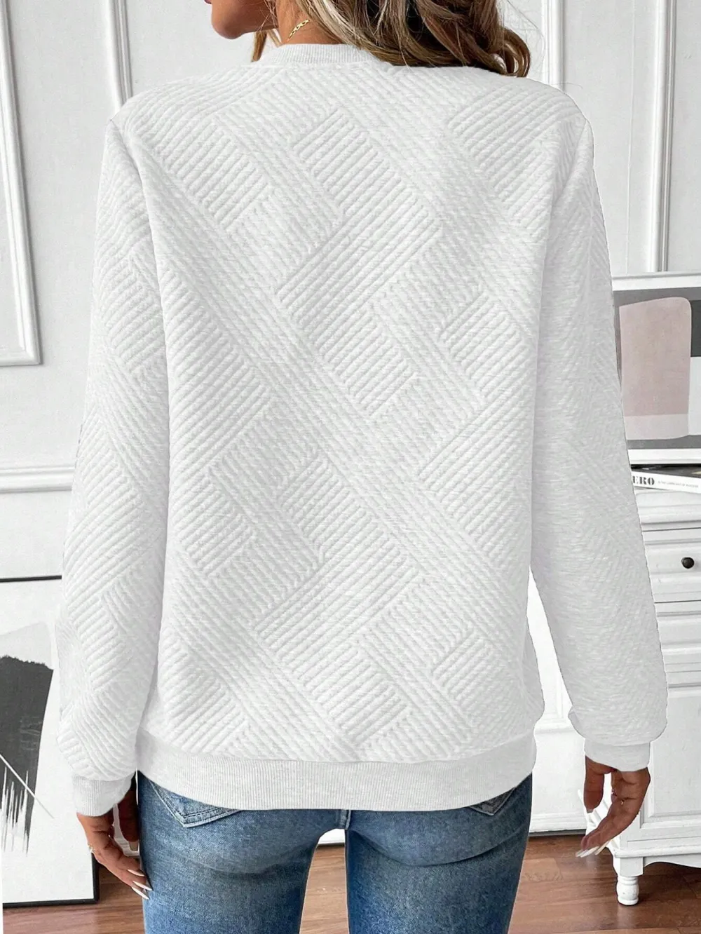 Women's Autumn Sweatshirt, Notched Neckline, Long Sleeve, Regular Shoulder, Ribbed Insert