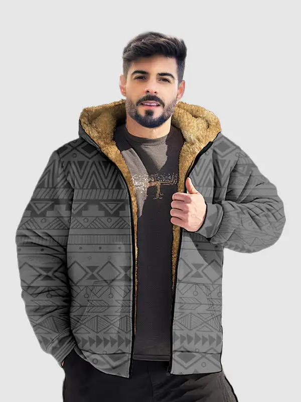 Men's Retro Ethnic Fleece Zip Printed Hoodie Jacket