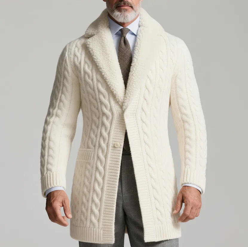 Men's Beige Cable Knit Shearling Collar Long Sleeve Two Button Sweater Coat