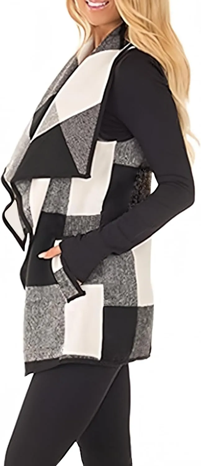 Womens Buffalo Plaid Vest Casual Lapel Open Front Sleeveless Cardigan Jacket Coat with Pockets