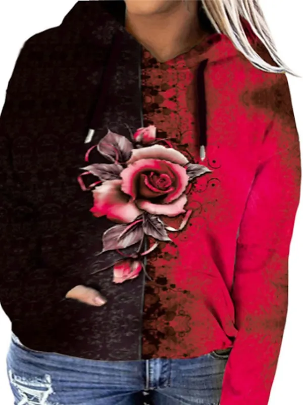 Women's Vintage Streetwear Pocket Drawstring Print Blue Red & White Purple Floral Daily Weekend V Neck Plus Size Long Sleeve Micro-elastic Fall Winter Fall & Winter