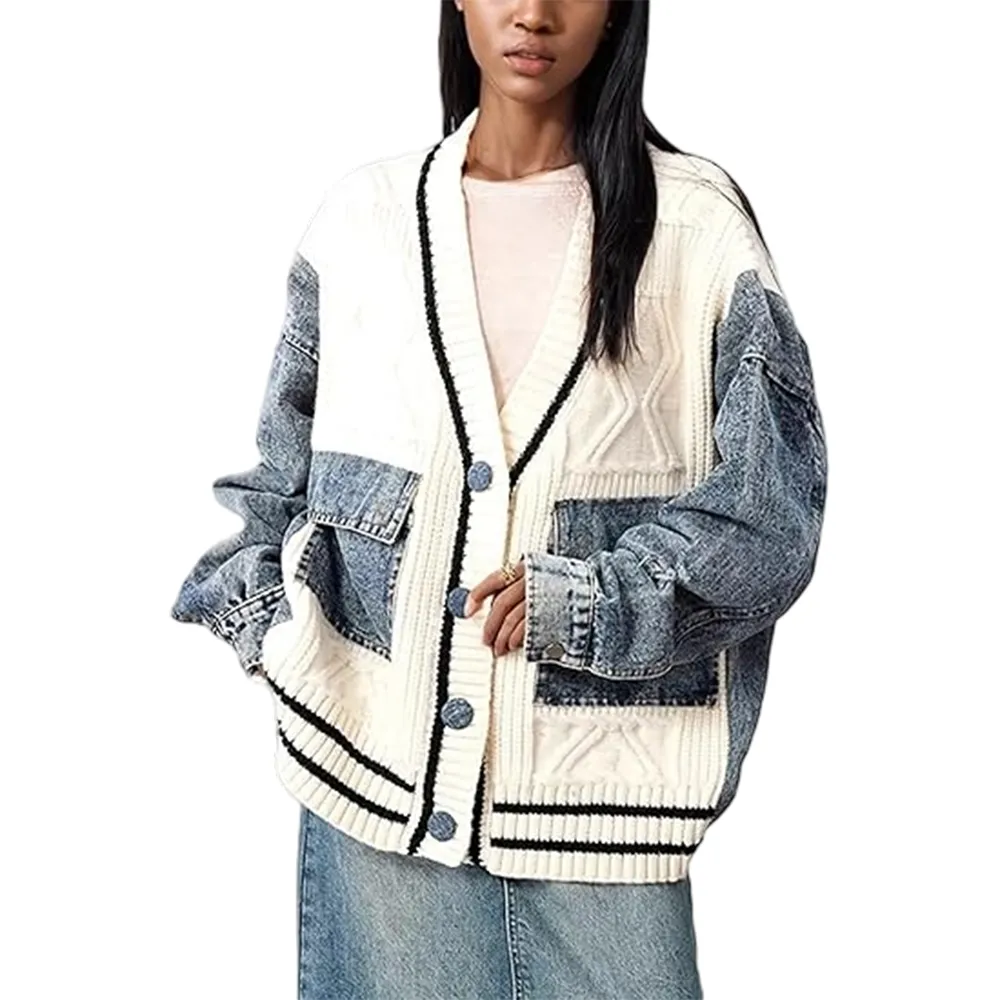 Unique Denim Patchwork Cable Knitted Coat