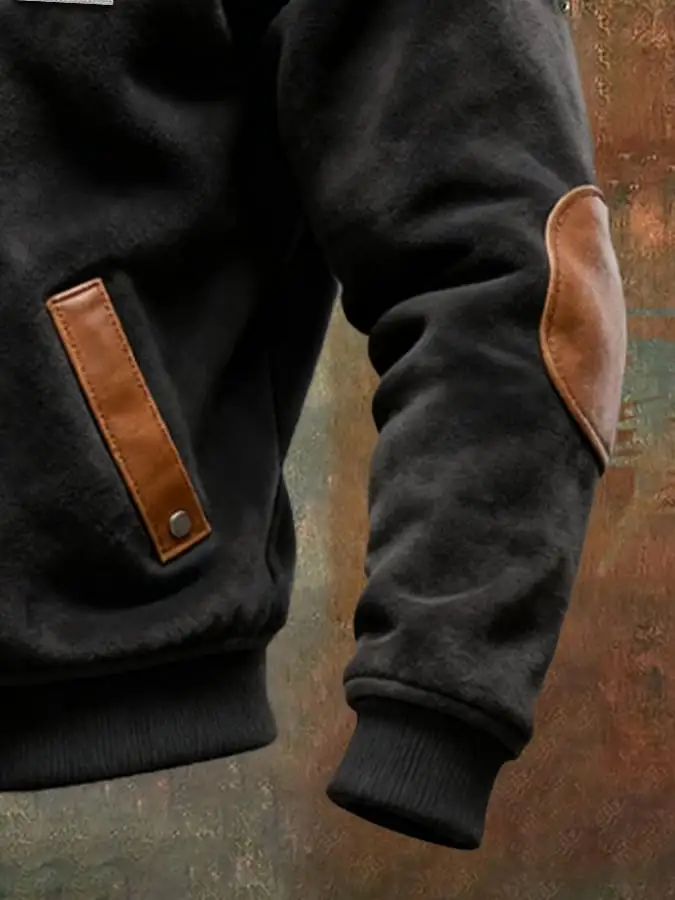 Men's Vintage Suede and Leather Paneled Hooded Sweatshirt