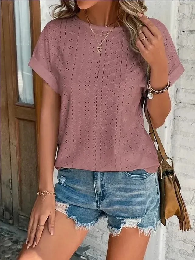 Women's T shirt Tee White Eyelet Tops Light Blue Black White Plain Cut Out Short Sleeve Daily Weekend Basic Round Neck Regular Cotton S