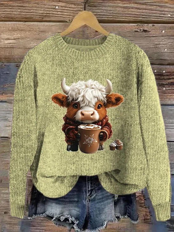 Women's Cute Highland Cow Print Knitted Crew Neck Sweater