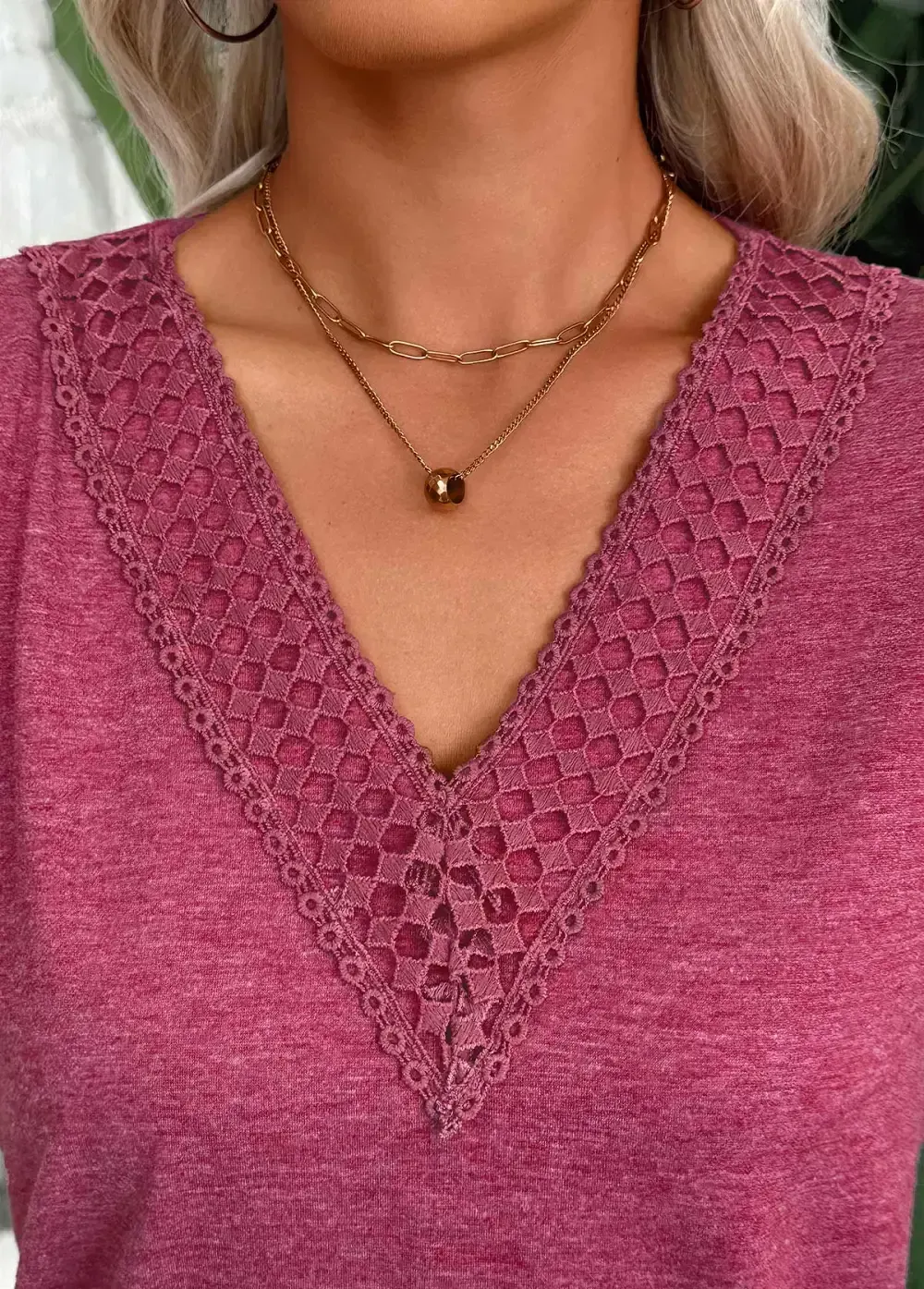 Dark Reddish Purple Short Sleeve V Neck T Shirt