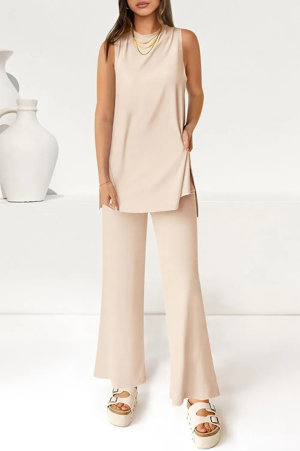 Women's Casual Loose Tank Top Wide Leg Pants 2 Piece Lounge Set