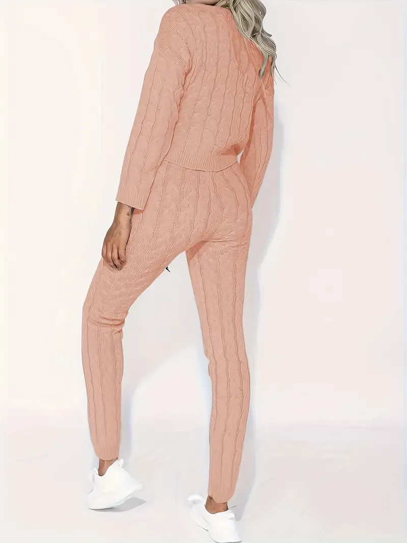 Solid Knitted Matching Two-piece Set, Casual Long Sleeve Sweater & Pants Outfits, Women's Clothing