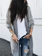 Women's Cozy Plaid Open Front Cardigan – Chic Two-Tone Knit Sweater with Long Sleeves, Casual Design for Fall/Winter