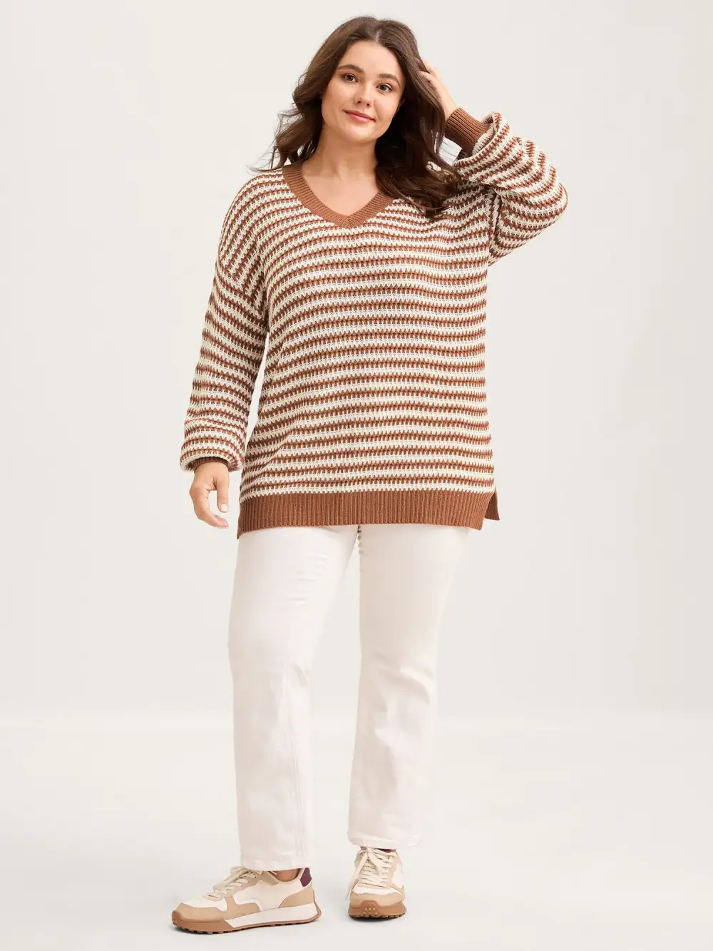 Striped Textured Ribbed Hem V-Neck Pullover