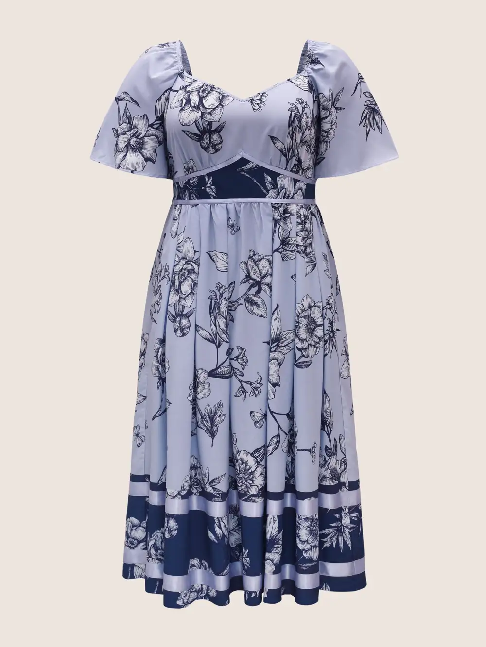 Boho Print Heart Neckline Ruffle Sleeve Maxi Dress