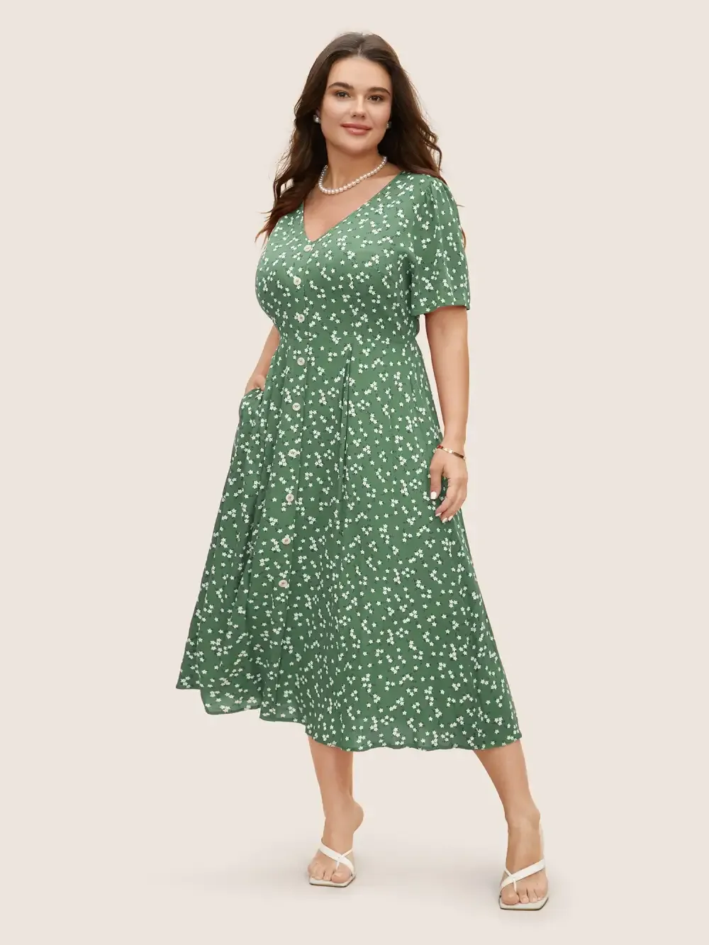 Ditsy Floral Button Detail Elastic Waist Midi Dress