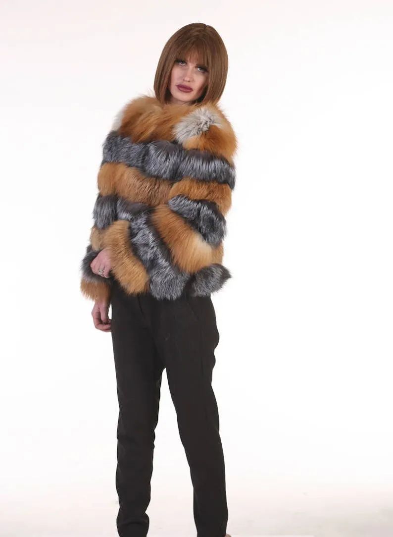 Red and Silver Fox Fur  Jacket