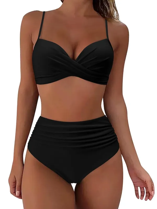 Women's Swimwear Bikini Normal Swimsuit 2 Piece High Waisted Plain Black Pink Purple Green Rose Red Bathing Suits Sports Beach Wear Push Up