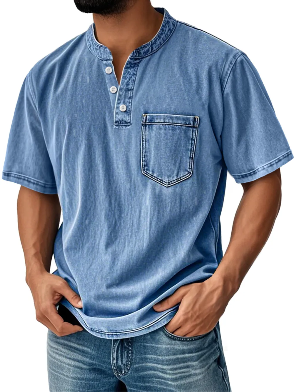 Men's Retro Stand Collar Casual Pocket Solid Color Short Sleeve Henley Shirt