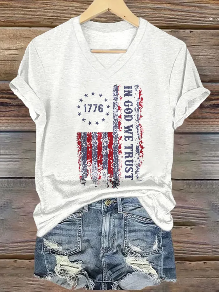 Women's In God We Trust Print Short Sleeve Round Neck Cotton T-Shirt