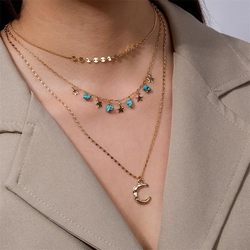 Women'S Ethnic Style Star Crescent Multi-Layer Natural Turquoise Necklace
