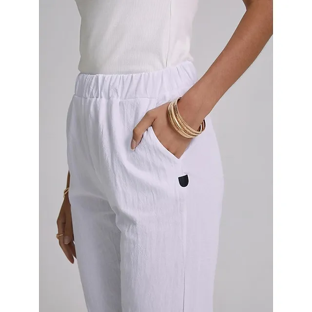 Women's Plus Size Loungewear Pants Pure Color Simple Casual Comfort Home Street Cotton And Linen Long Pant Summer Spring White Blue