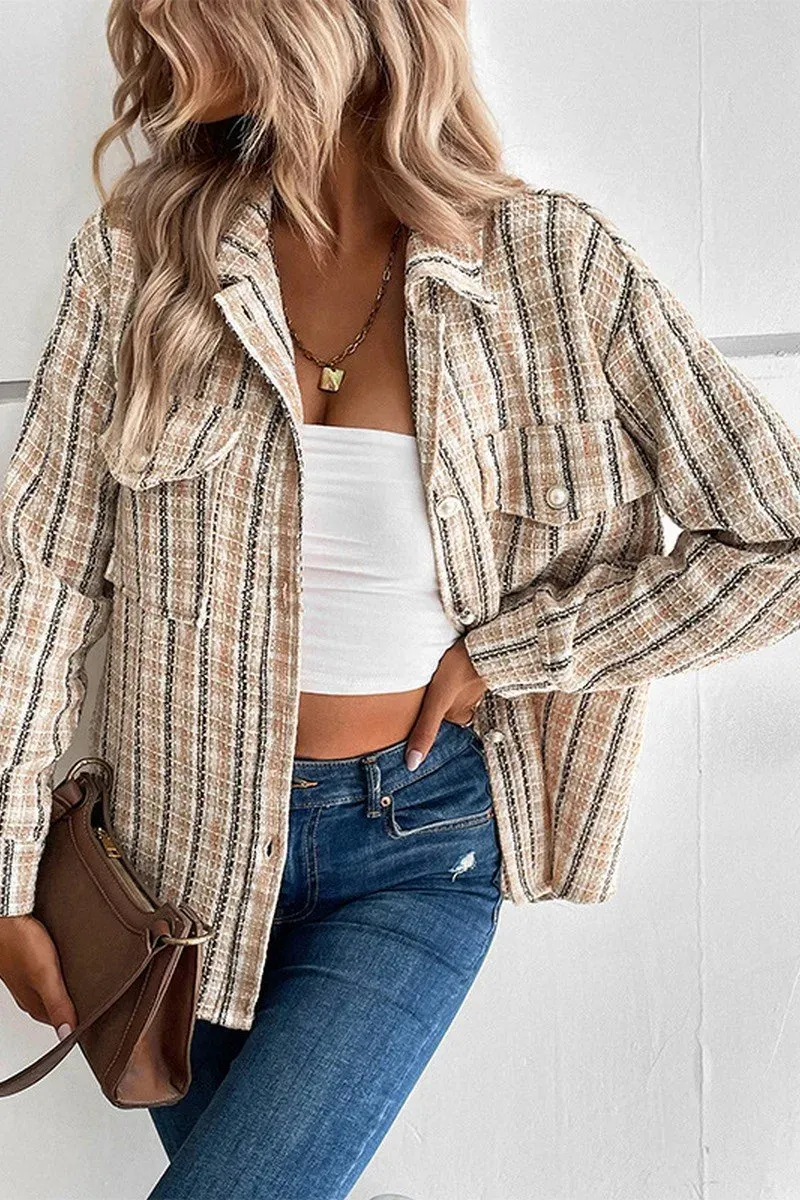 WOMEN CASUAL BUTTON CUFF PLAID POCKETS SHACKET