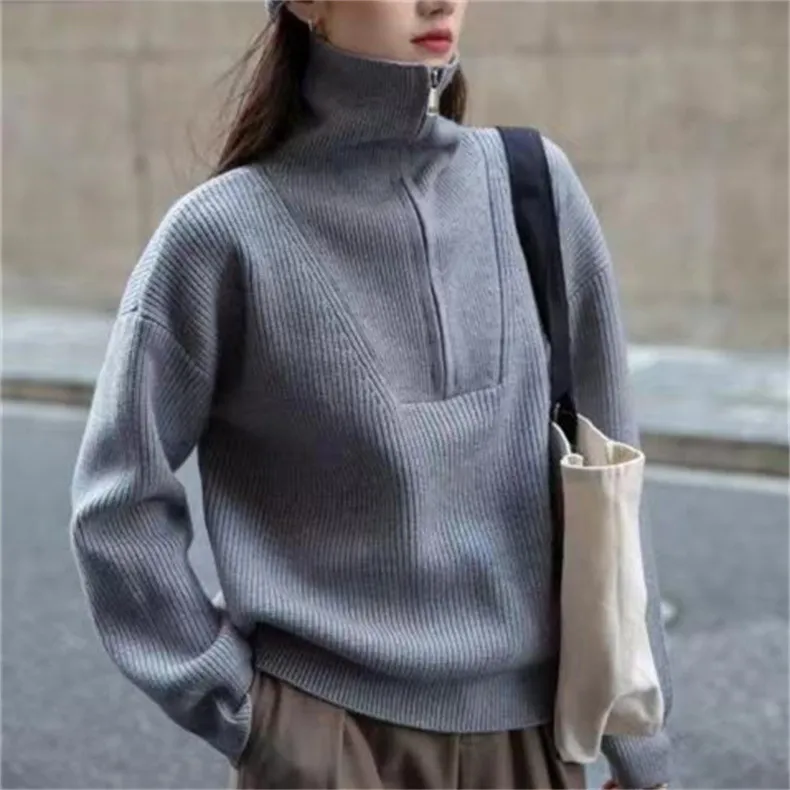 Two Wear Half Zip Large Lapel Soft Waxy Sweater