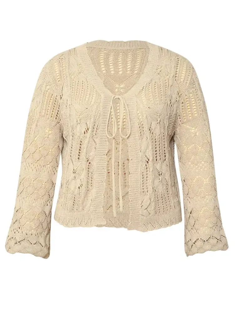 Hollow Out Bell Sleeve Tie Front Cardigan
