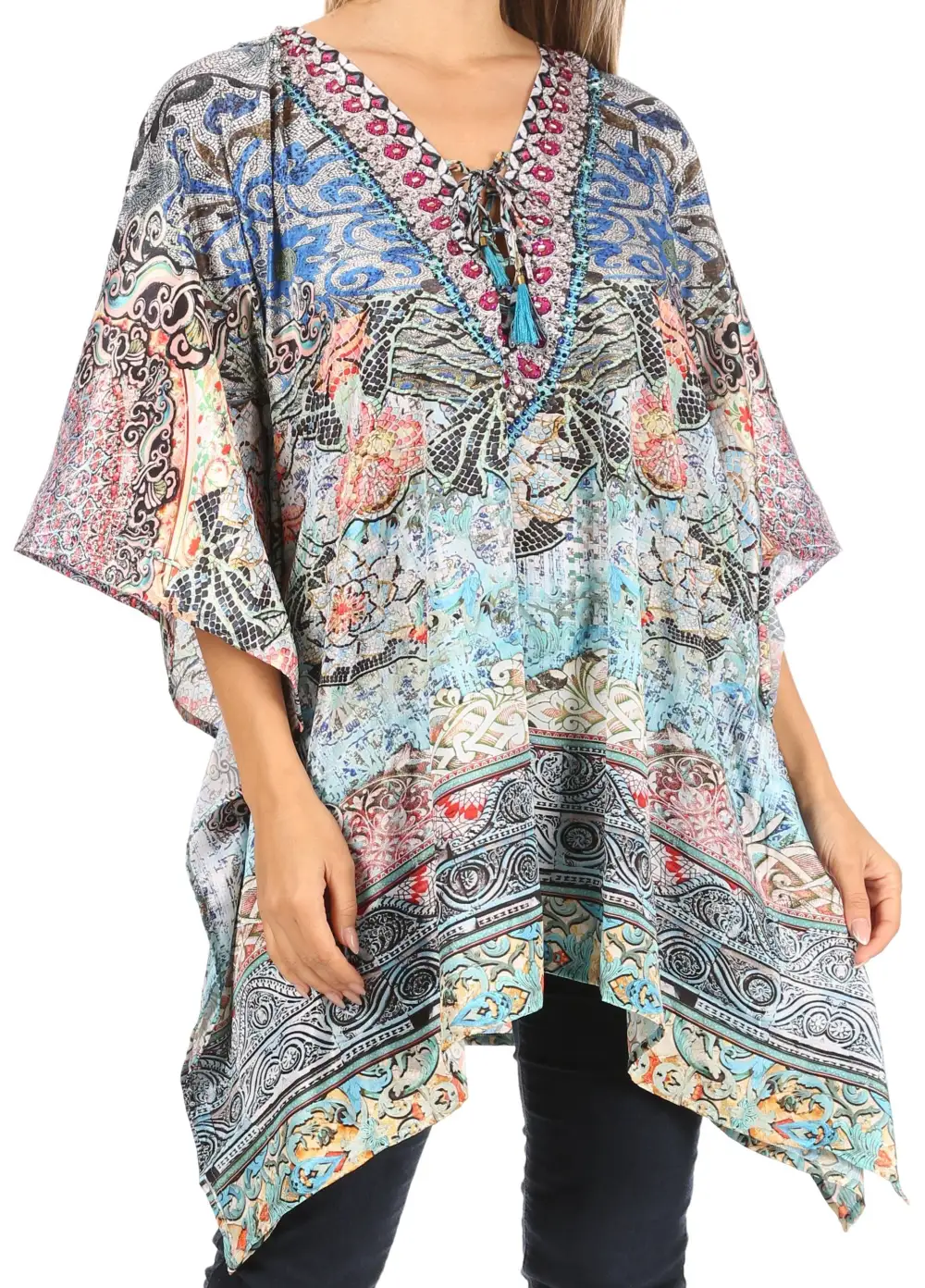 Women's Caftan Poncho Cover up V neck Top Lace up With Rhinestone