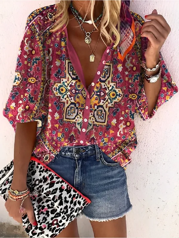 Women's Shirt Blouse Pink Red Blue Graphic Button Print Long Sleeve Casual Basic V Neck Regular Fit Spring Fall