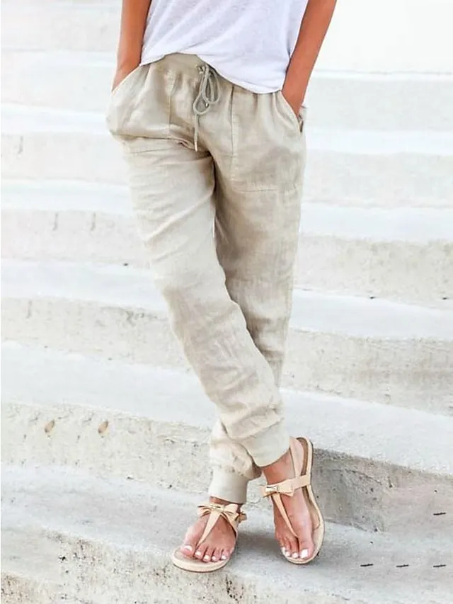 Women's Joggers Linen Pants Baggy Full Length Faux Linen Side Pockets Baggy Mid Waist Fashion Casual Weekend Yellow Army Green S M Autumn / Fall