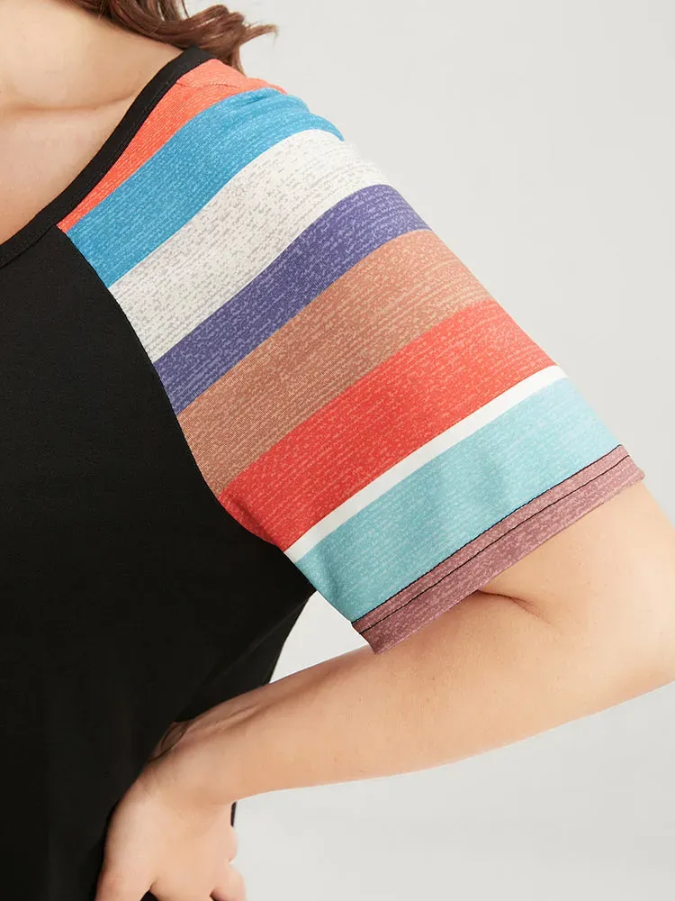 Striped Contrast Raglan Sleeve Round Neck T-shirt