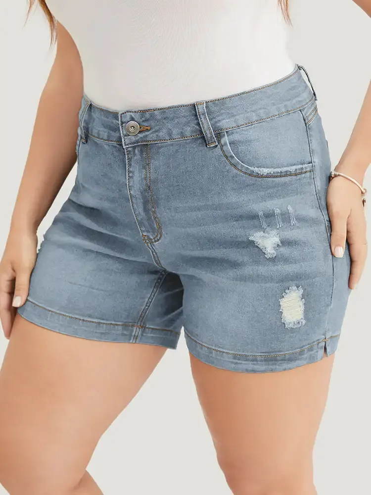 Moderately Stretchy High Rise Dark Wash Distressed Denim Shorts