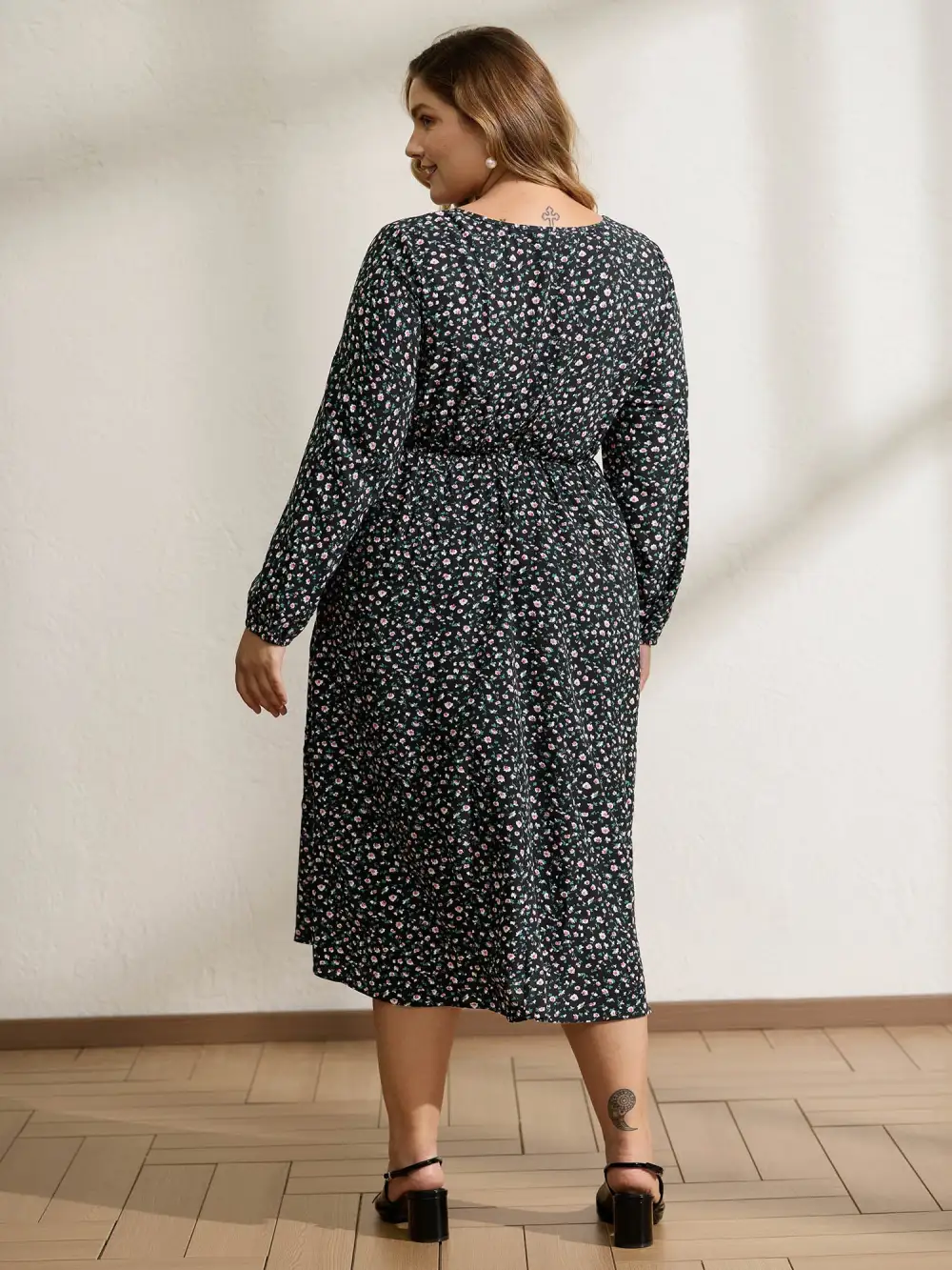 Micro Floral Print Adjustable Drawstring Maxi Dress