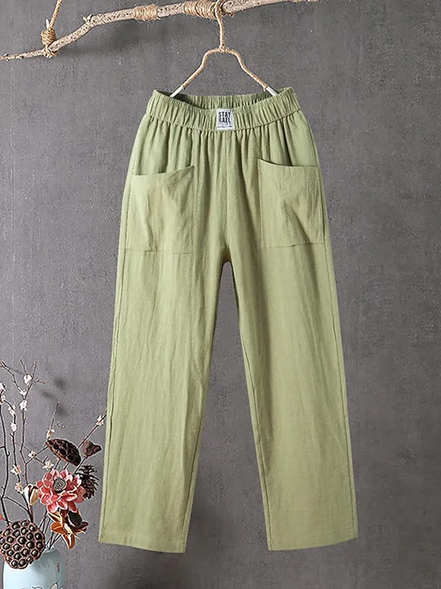 Women's Slacks Baggy Cropped Pants Linen Plain Pocket Baggy Ankle-Length Micro-elastic Mid Waist Streetwear Casual Vacation Casual Daily Black White S M Summer Spring